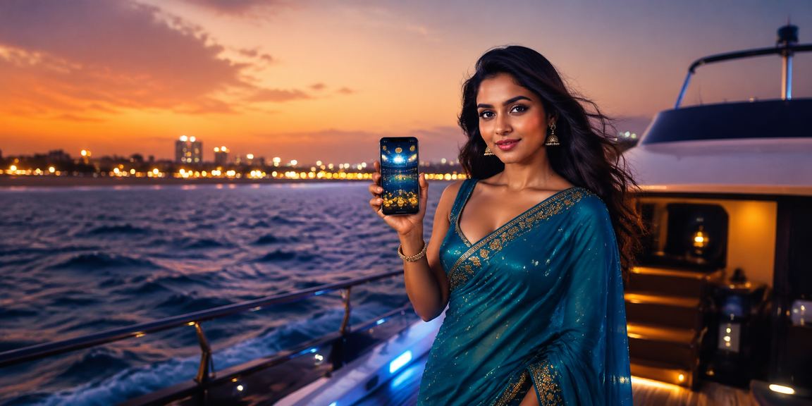 Young woman betting on cricket via smartphone in Chennai outdoor market